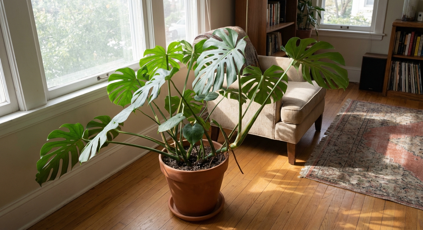 A Monstera deliciosa placed a few feet from a bright window, leaves reaching toward the light, soft indoor shadows, realistic home interior photography