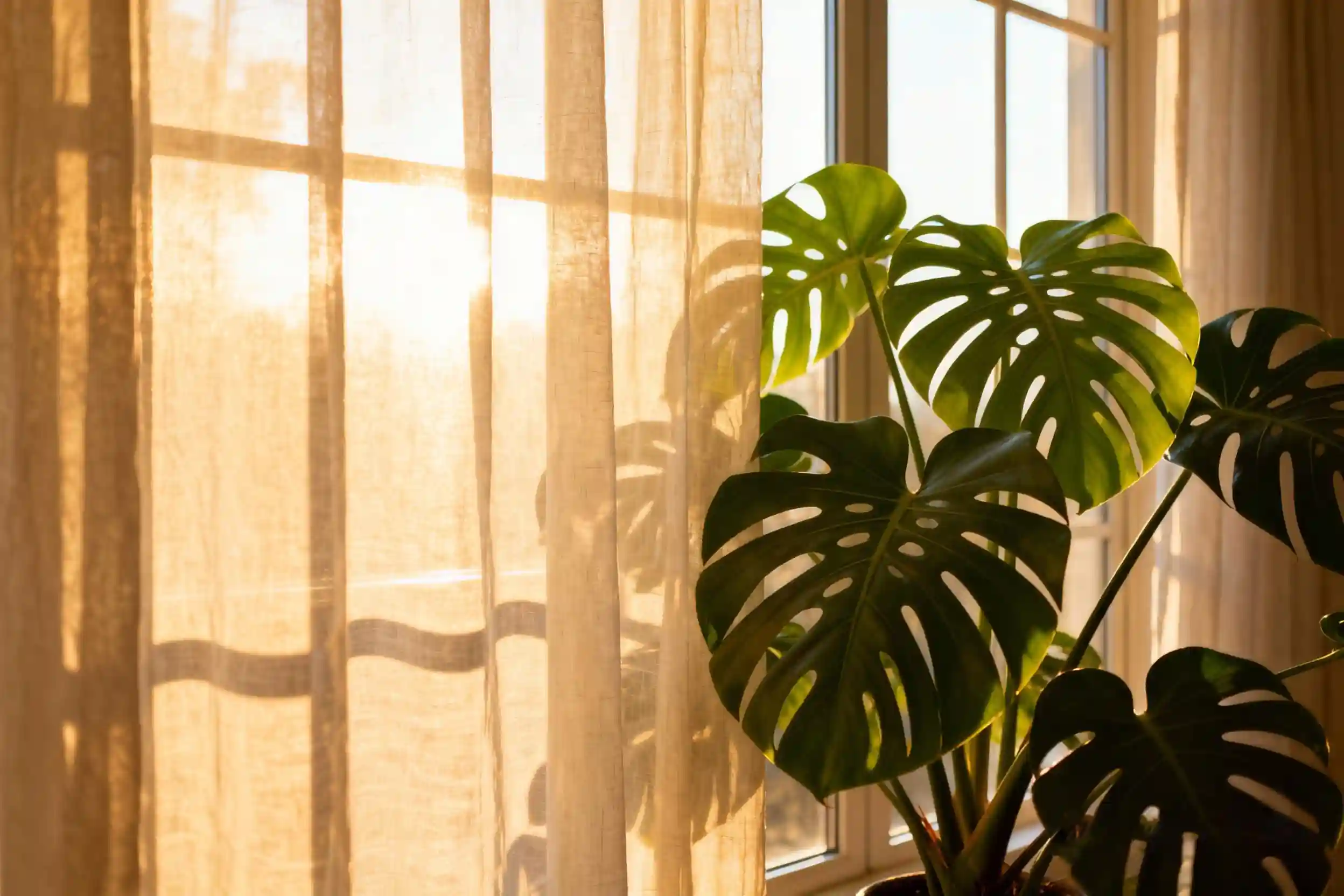 A Monstera deliciosa placed near a bright window with a sheer curtain filtering sunlight