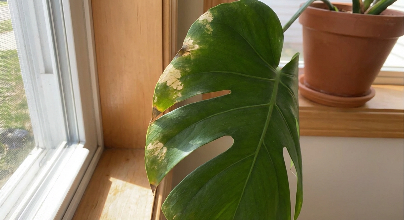 A Monstera leaf near a sunny window showing pale yellow sun-bleached patches on the side facing the light, realistic houseplant photography