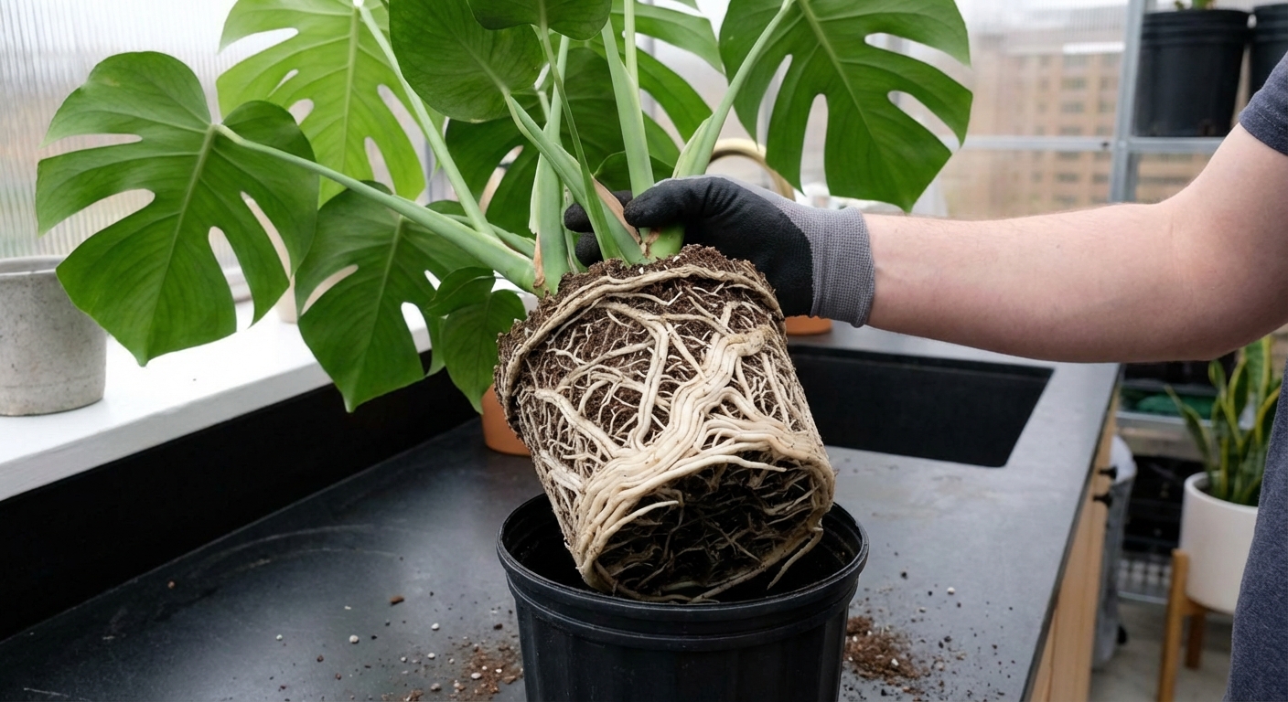 A Monstera plant being lifted from a nursery pot showing dense white roots circling tightly around the root ball, indoor photography