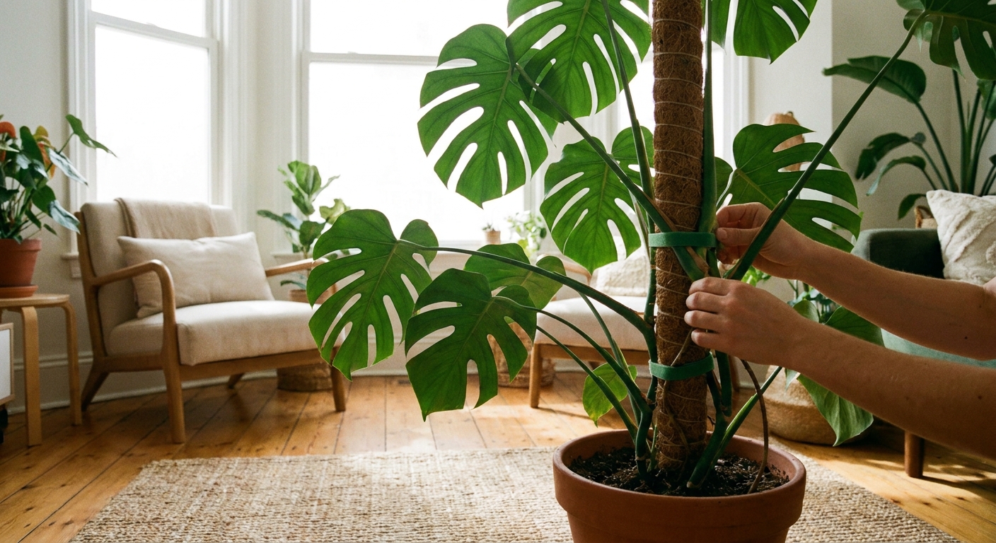A Monstera plant being secured to a moss pole with soft plant ties in a living room with bright indirect light, real photo