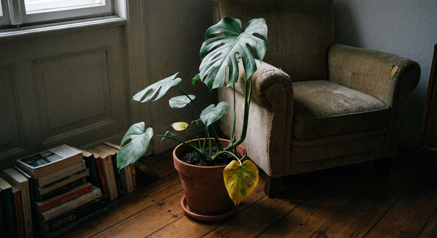 A Monstera plant sitting in a dim corner of a room with smaller leaves and a slightly yellow lower leaf, natural indoor low-light photography