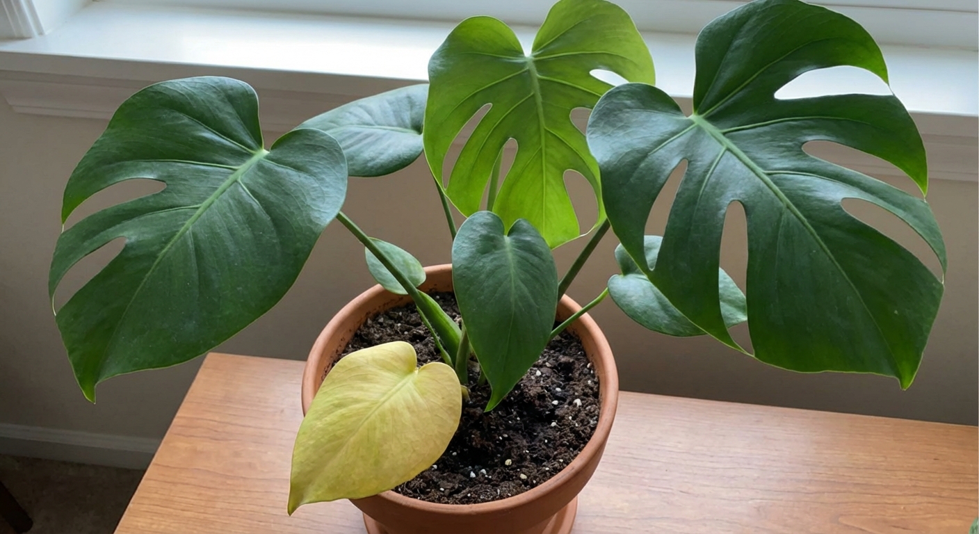 A Monstera plant with one fully yellow lower leaf near the soil line while the rest of the plant is vibrant green, indoor natural light photography