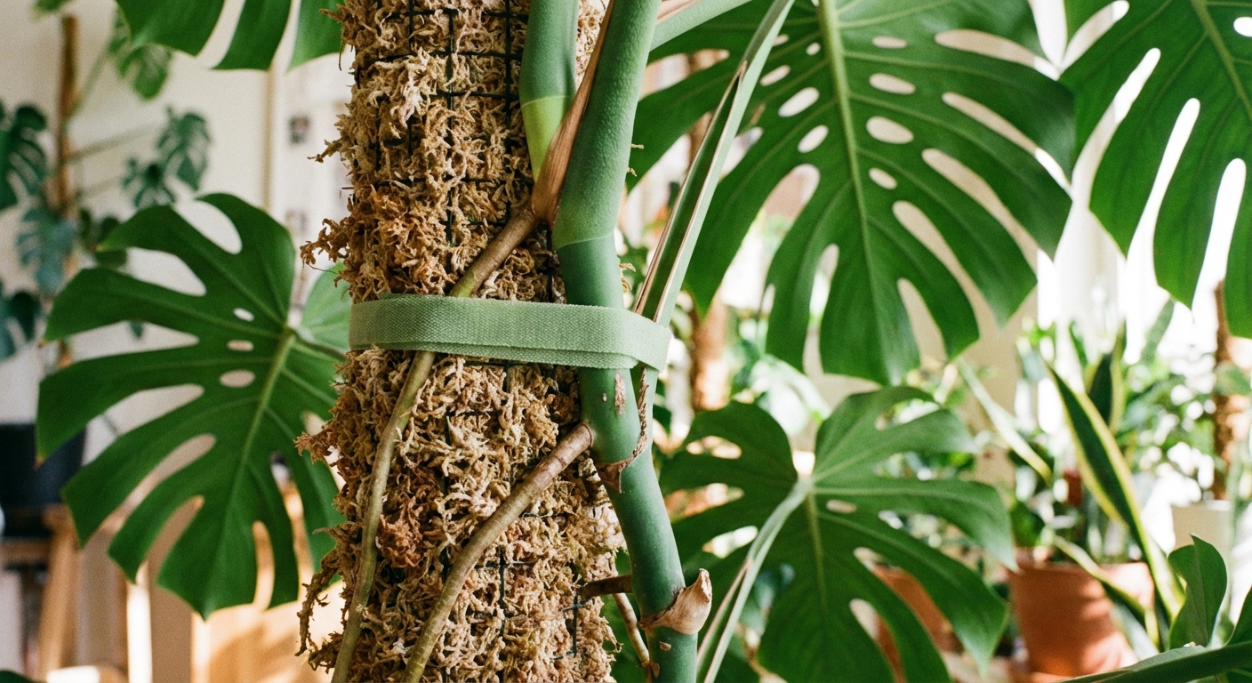 A Monstera stem gently tied to a moss pole with soft green plant tape