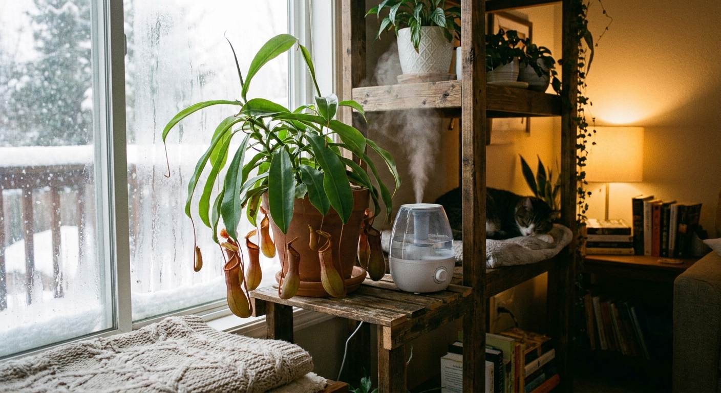 A Nepenthes plant on a plant shelf near a small humidifier in a cozy indoor room during winter, real photo