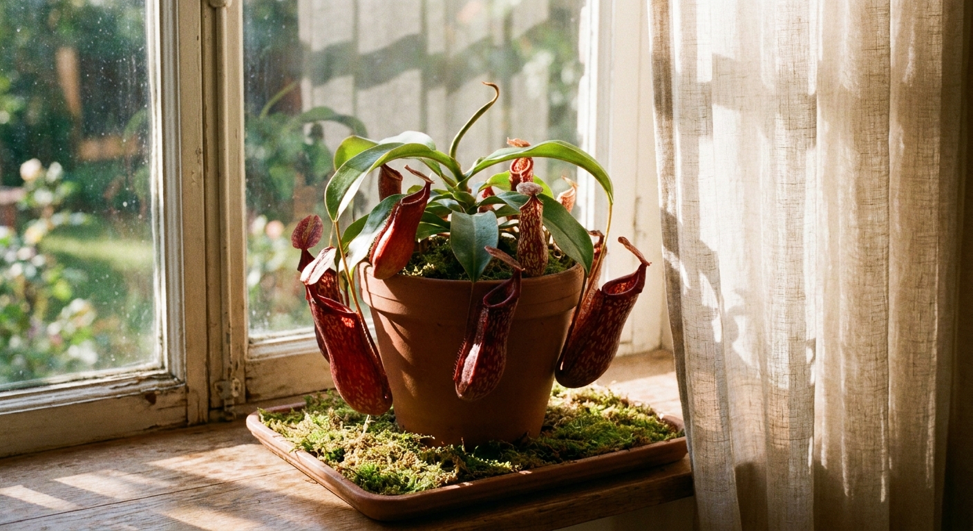 A Nepenthes plant with deep red pitchers sitting on a bright windowsill with soft filtered sunlight, real photo