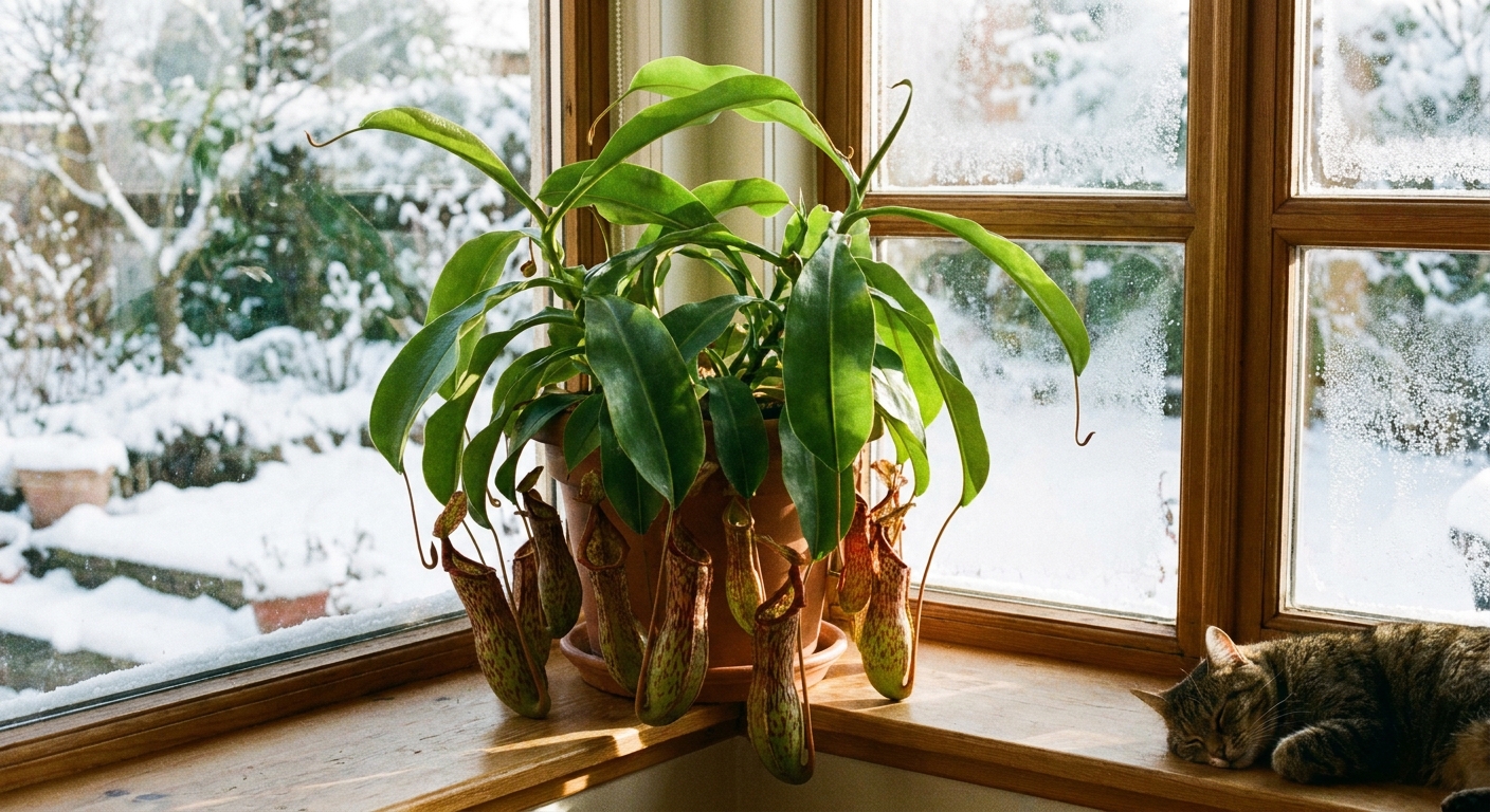A Nepenthes plant with green leaves and several hanging pitchers sitting on a bright indoor windowsill in winter, real photo