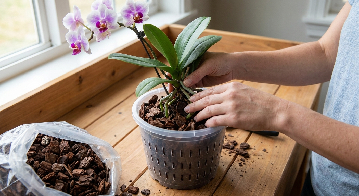 A Phalaenopsis orchid being placed into a clear ventilated pot filled with fresh orchid bark, hands gently arranging roots, realistic photo