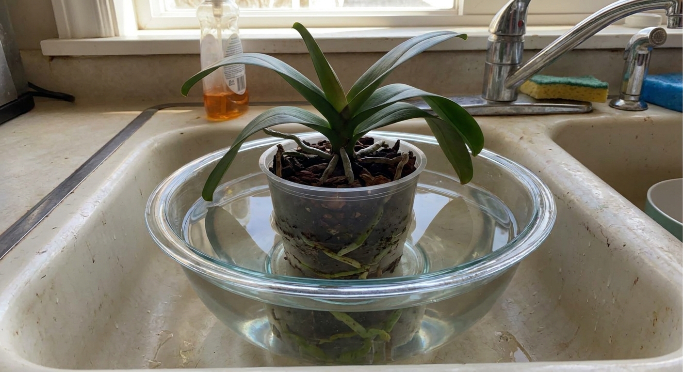 A Phalaenopsis orchid in a clear pot soaking in a glass bowl of room-temperature water in a kitchen sink, with the crown kept above the waterline