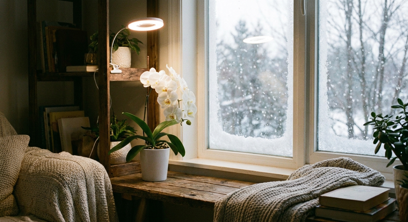 A Phalaenopsis orchid on a shelf indoors with a small LED grow light above it, casting a soft white glow in a winter room
