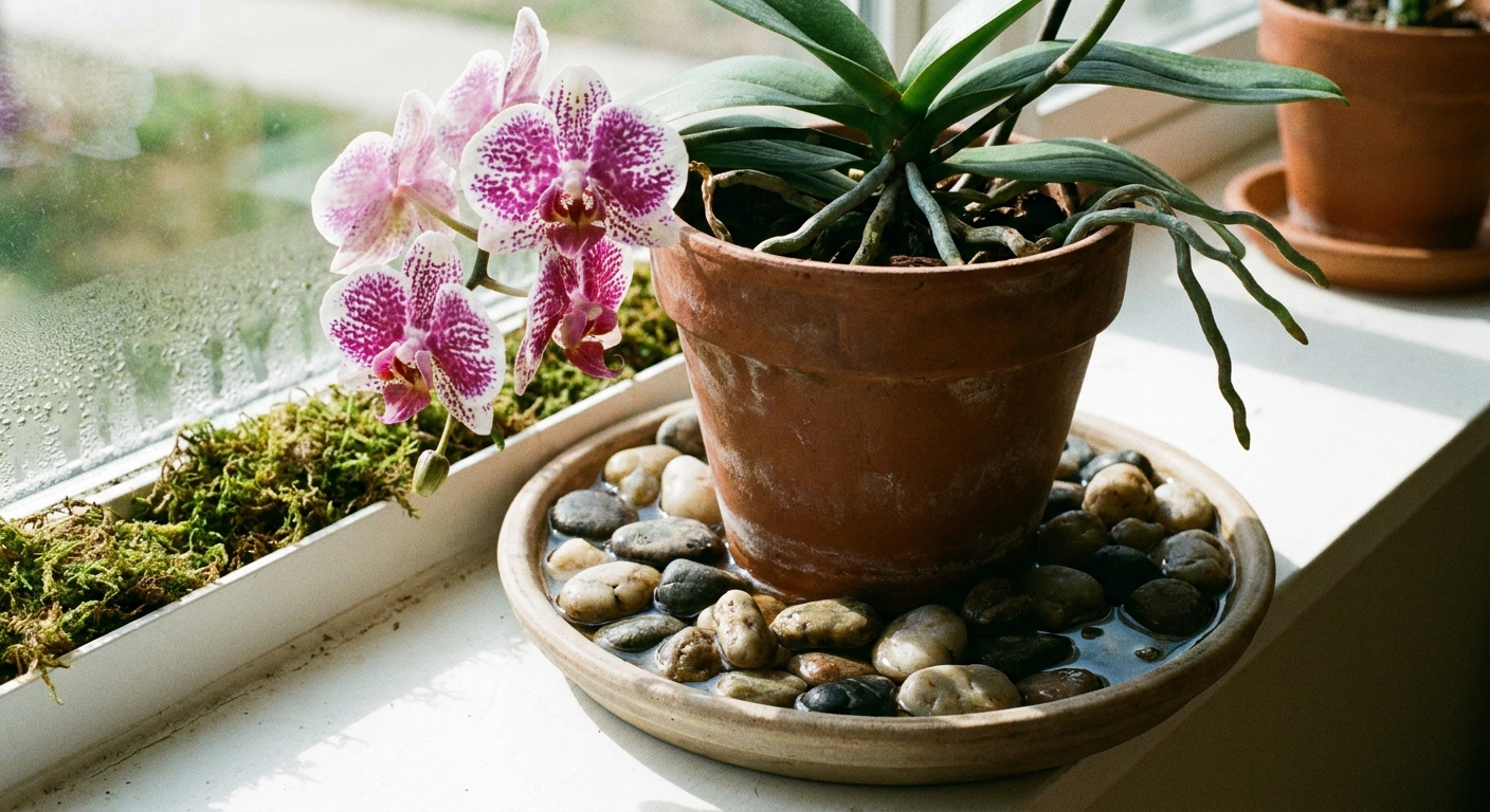 A Phalaenopsis orchid pot resting on pebbles in a shallow humidity tray with a small amount of water visible below the stones