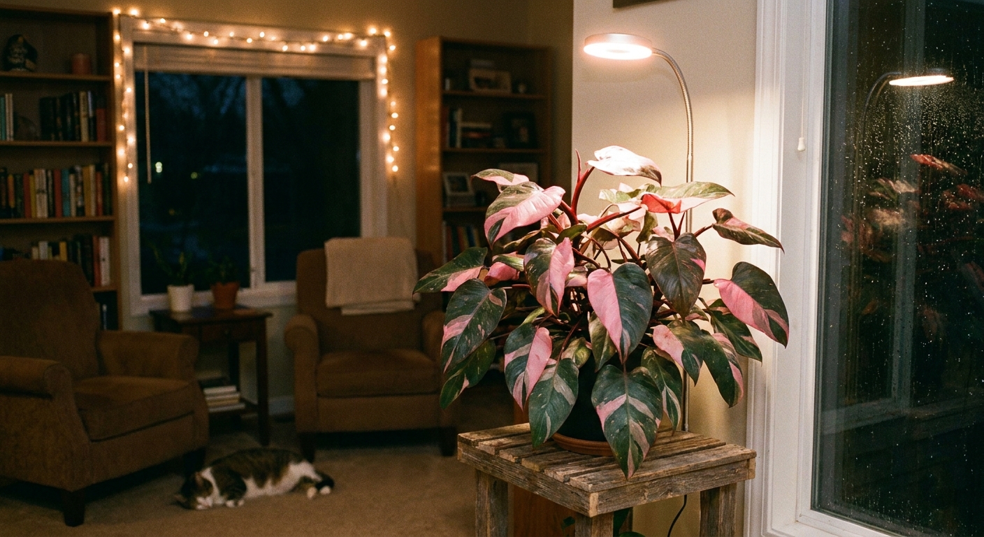 A Philodendron Pink Princess on a plant stand under a small warm-white grow light in a cozy living room at night, with pink-variegated leaves visible