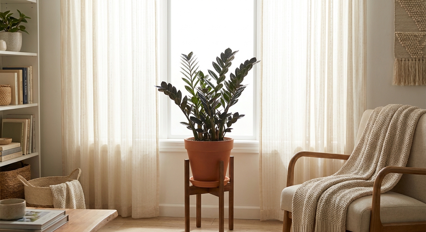 A Raven ZZ plant placed a few feet from a window with sheer curtains, showing bright indirect light in a calm living room