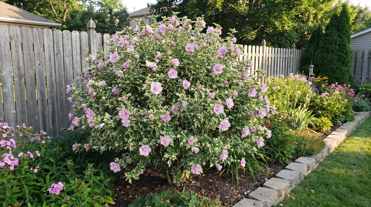 A Rose of Sharon planted near a fence line with dappled shade from overhead trees, showing leggy growth and few bud sites