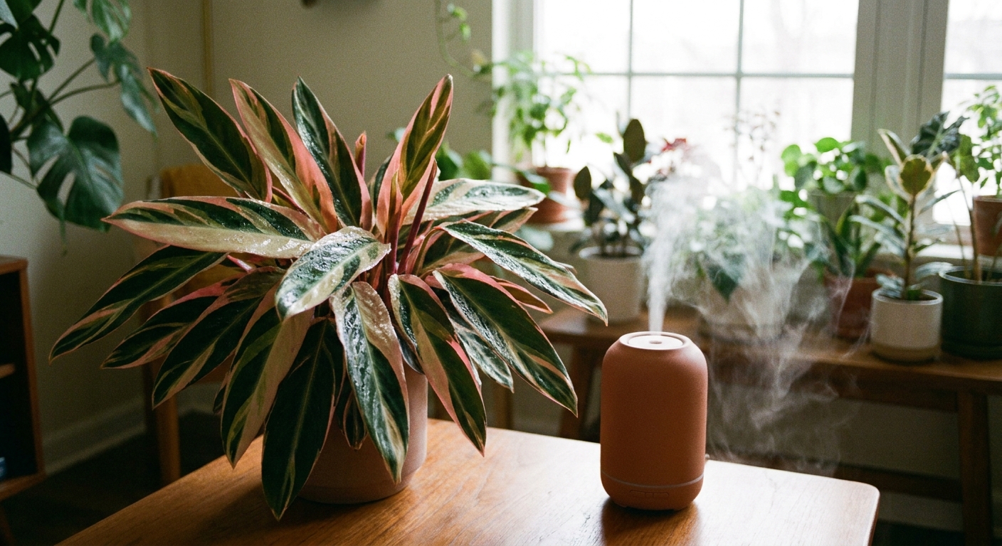 A Stromanthe ‘Triostar’ beside a small humidifier indoors, with leaves looking glossy and relaxed