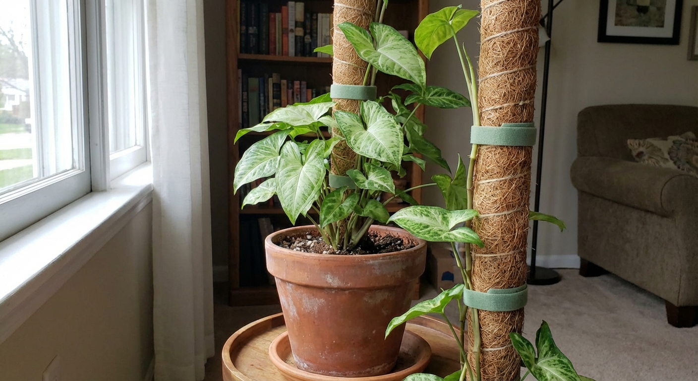 A Syngonium plant trained upward on a moss pole in a terracotta pot, soft plant ties securing the stems, indoor natural light, photorealistic