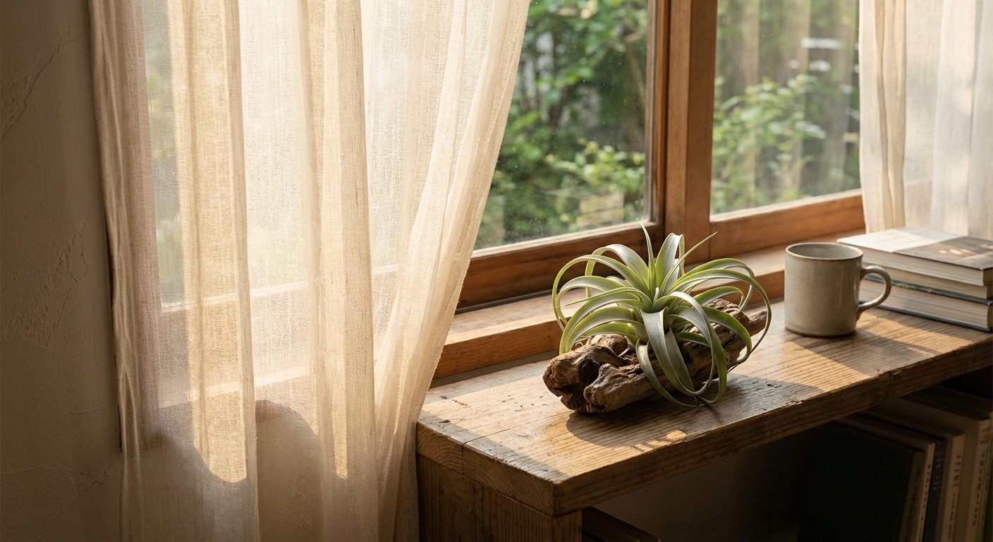 A Tillandsia air plant displayed near an east-facing window on a wooden shelf with soft morning sunlight and sheer curtain, photorealistic