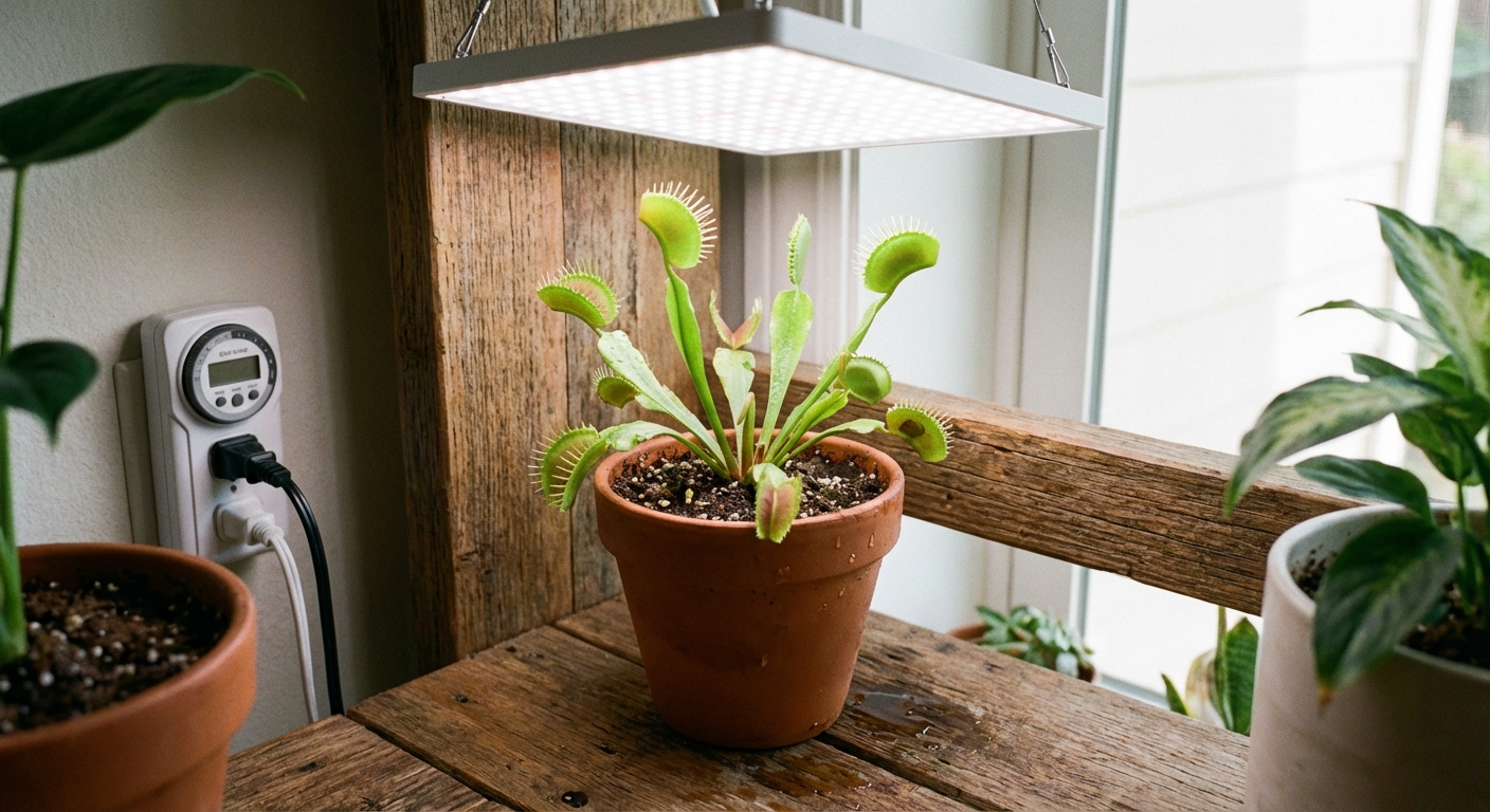 A Venus flytrap in a small pot on an indoor shelf under a bright white LED grow light, with leaves reaching upward and a simple timer plug visible nearby, photorealistic
