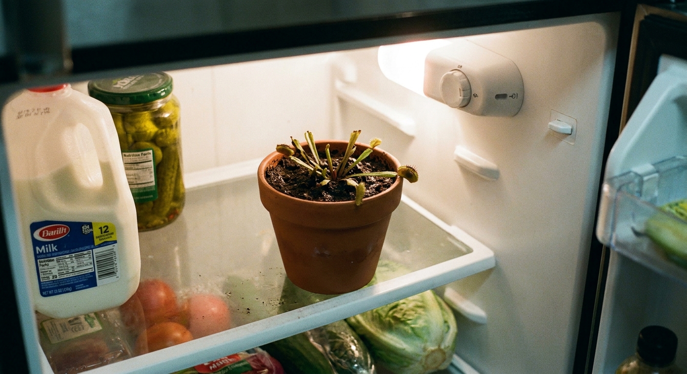 A Venus flytrap pot resting inside an open refrigerator on a shelf, with the plant trimmed back and the soil just slightly moist, realistic indoor photo