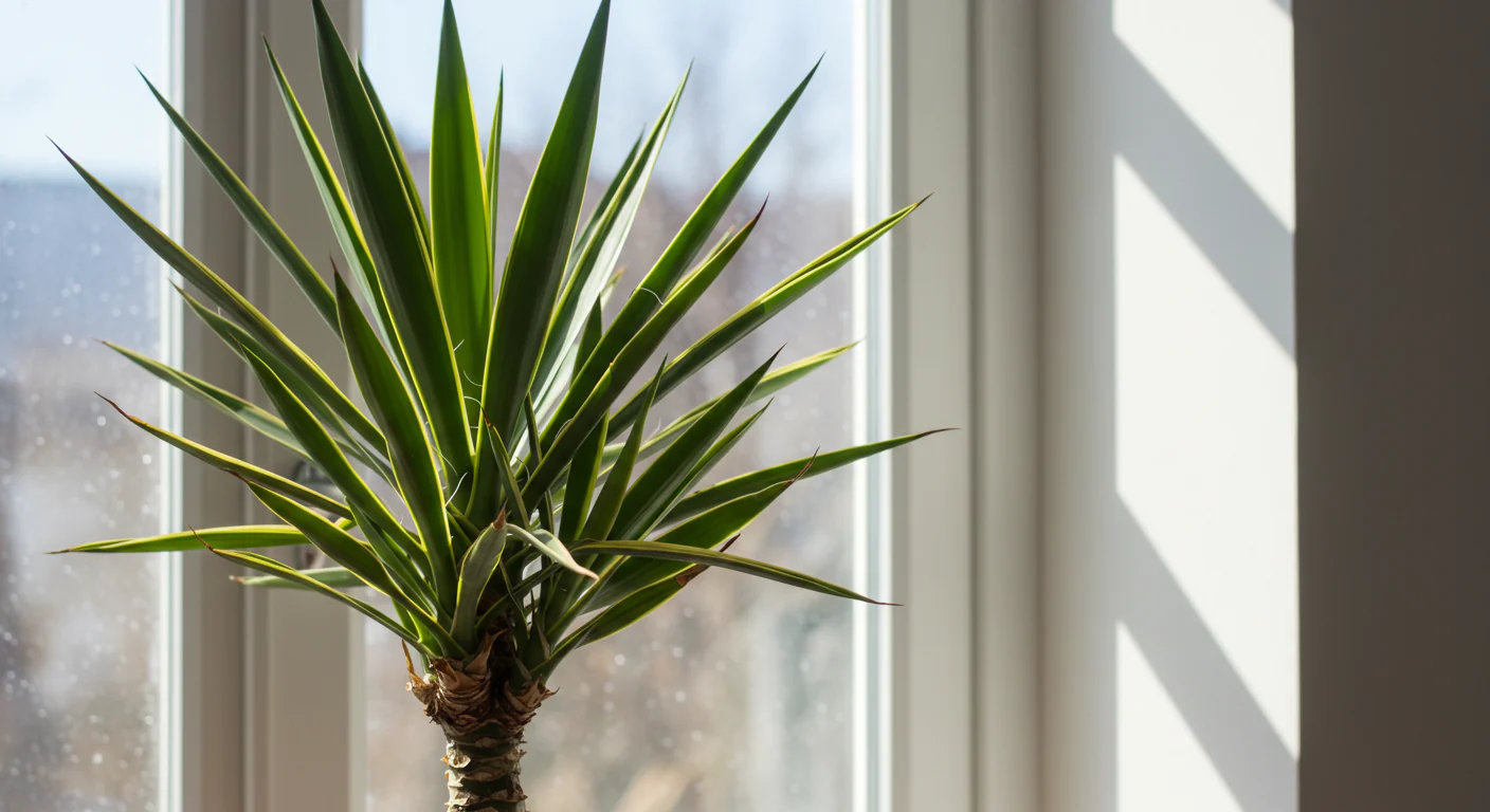 A Yucca elephantipes positioned close to a sunny window with distinct sunbeams on the leaves, showing upright green sword-like foliage, photorealistic indoor plant photography