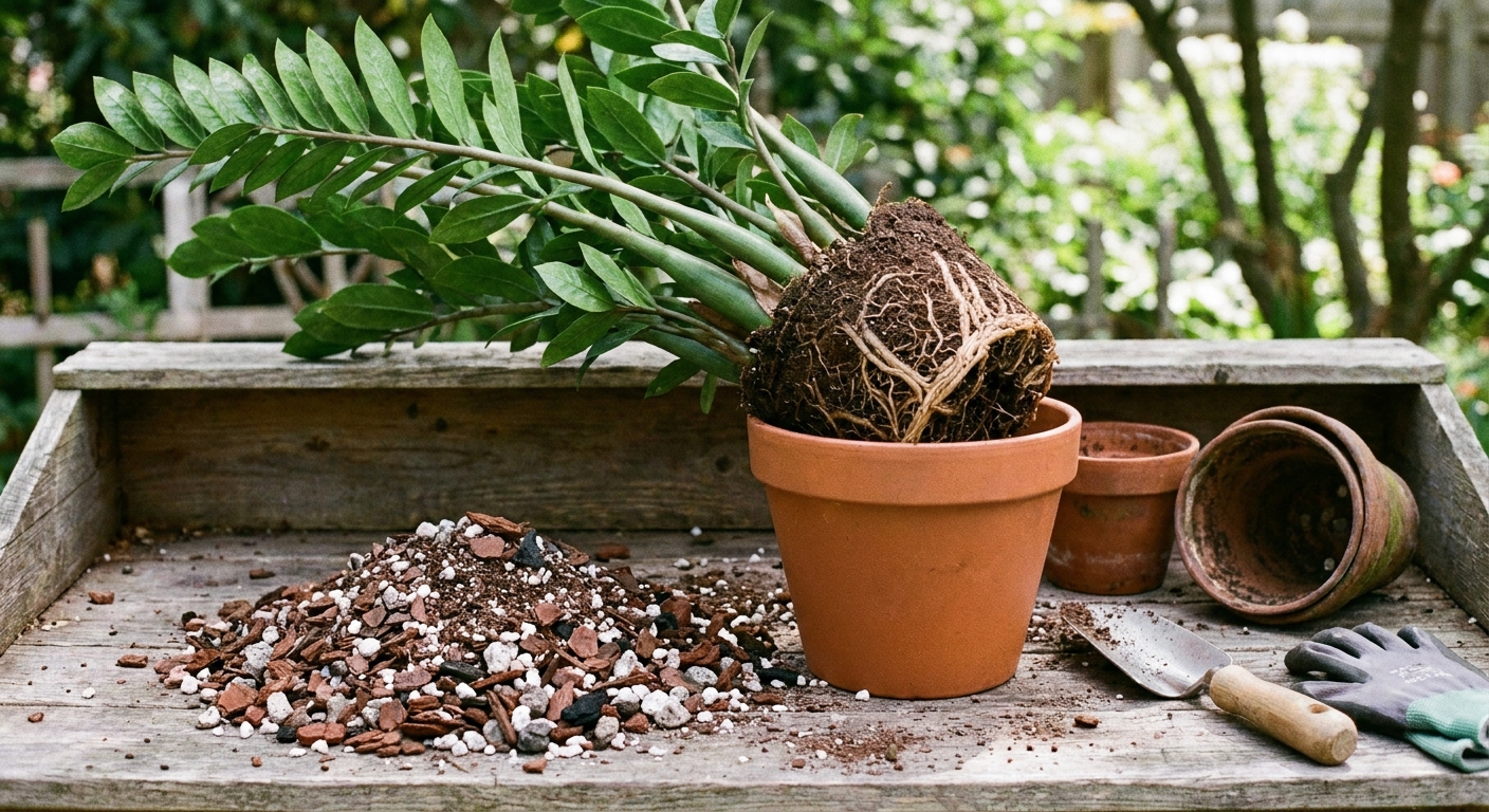 A ZZ plant being repotted into a terracotta pot with a chunky, fast-draining soil mix visible on a potting table, real photograph