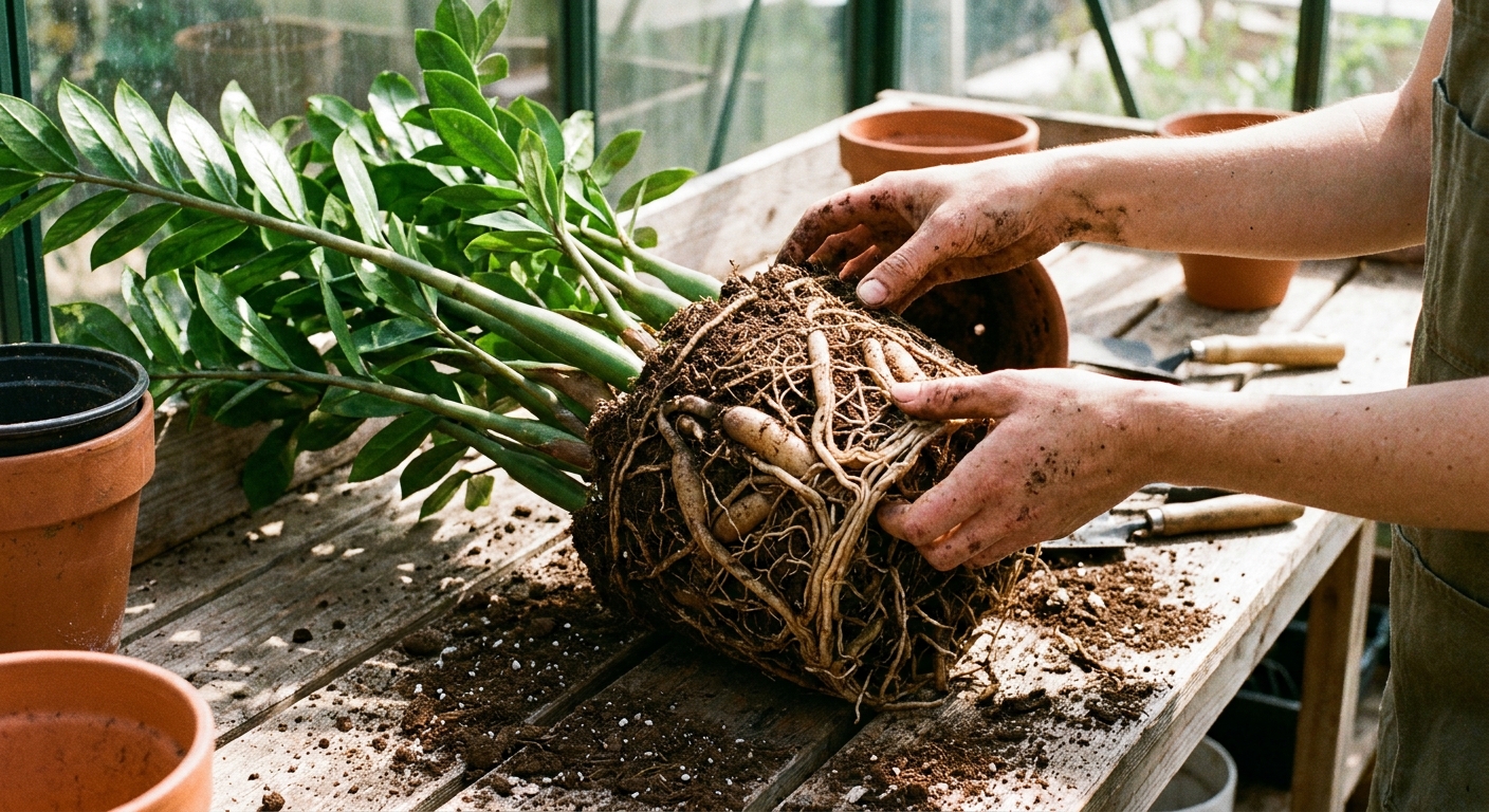 A ZZ plant root ball freshly removed from its pot on a potting bench, with soil being gently loosened by hands, real photograph