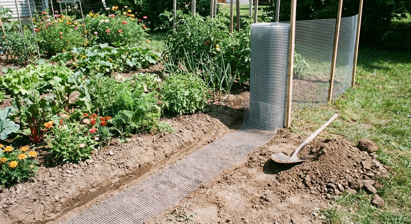 A backyard garden border with hardware cloth fencing installed and a visible bent mesh section forming an L-shape in a shallow trench before backfilling, photorealistic