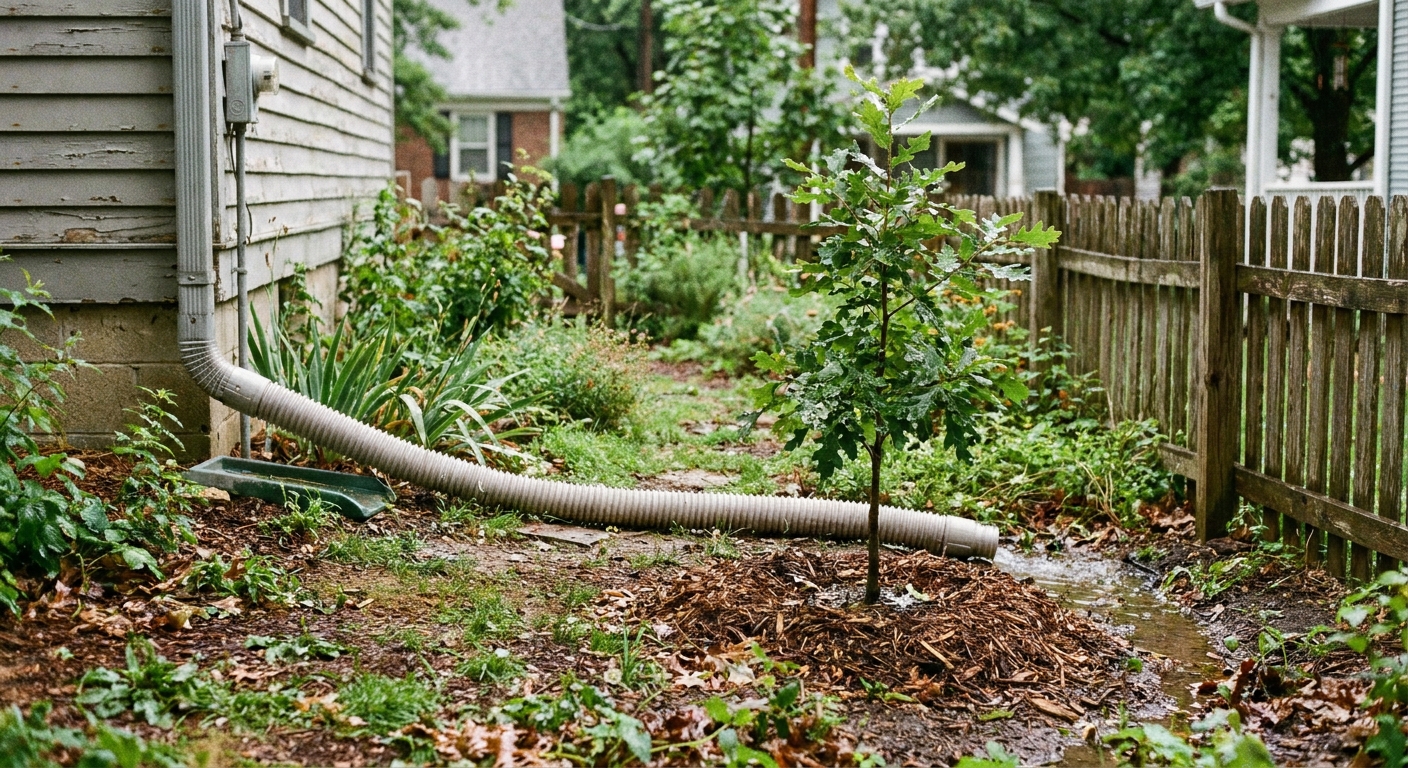 A backyard scene showing a downspout with an extension directing water away from a tree planting area, natural outdoor photography