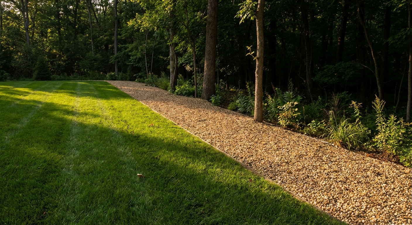 A backyard with a clean gravel strip barrier running between a mowed lawn and a wooded edge, late afternoon light with clear contrast between areas