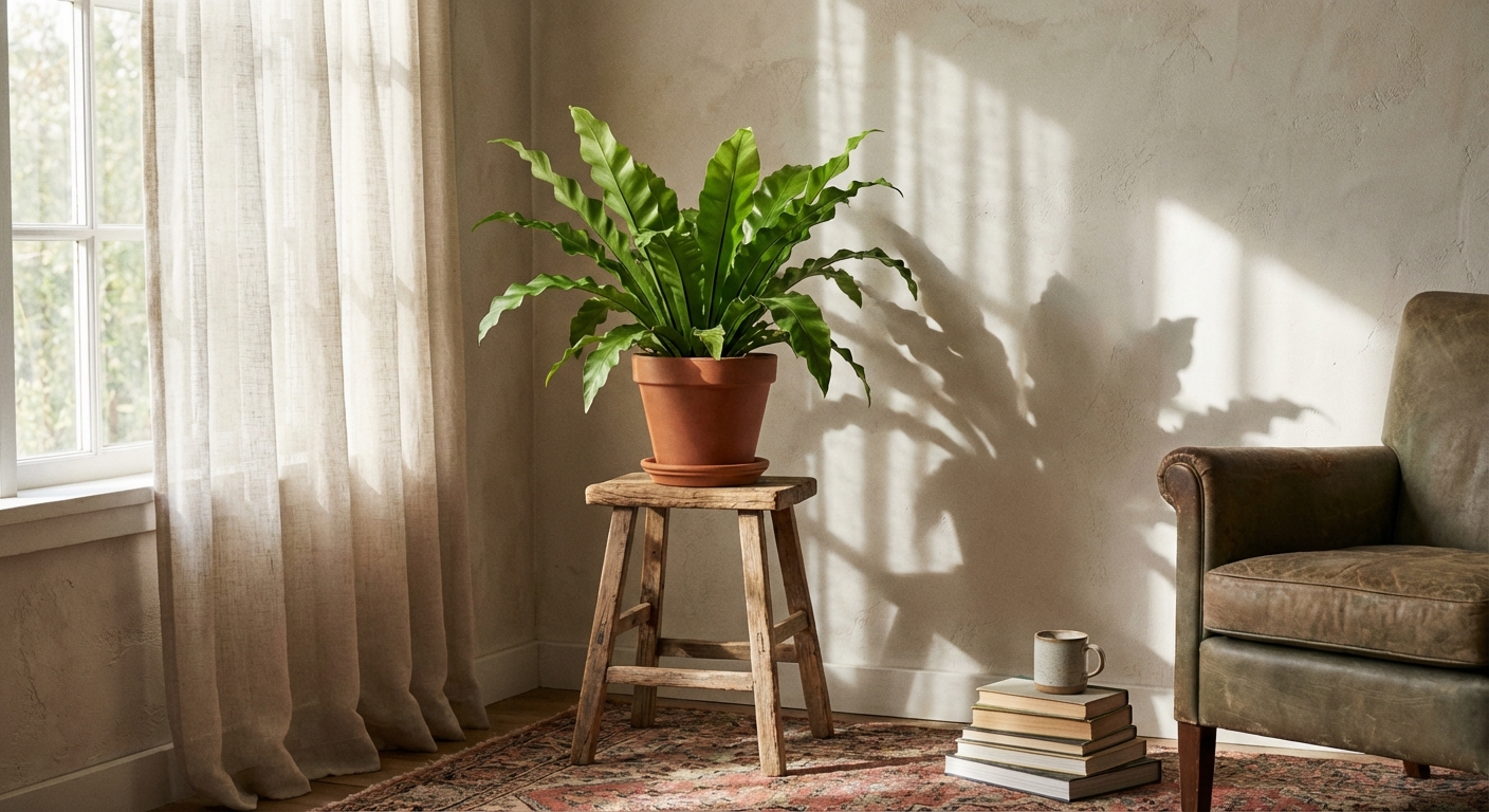 A bird’s nest fern sitting a few feet from a bright window with filtered light, soft shadows on the wall, cozy indoor plant styling, photorealistic