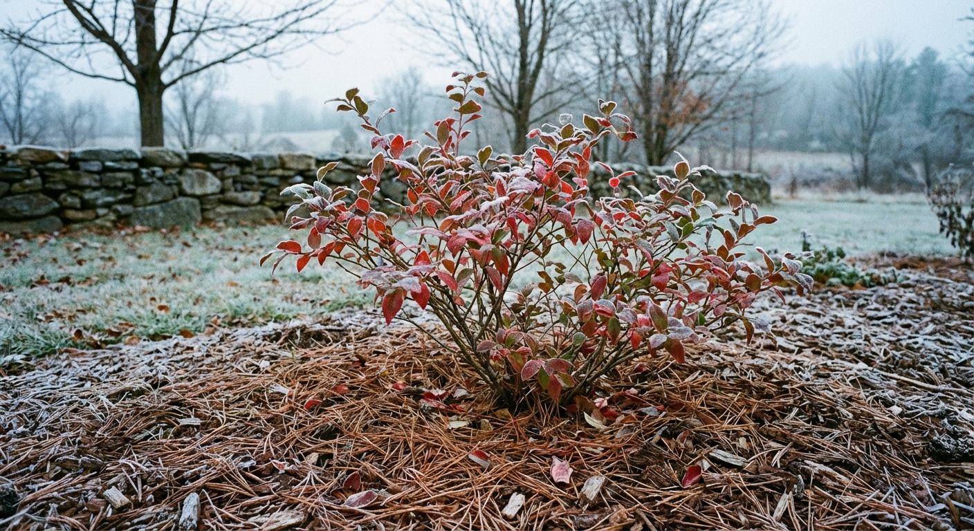 A blueberry bush with red-tinged leaves on a chilly day, planted in a mulched garden bed with pine needles visible around the base