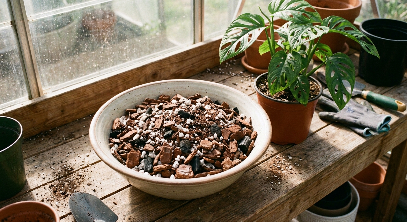 A bowl of chunky aroid soil mix with orchid bark, perlite, and potting soil beside a Monstera plant on a potting bench, natural light, real photo