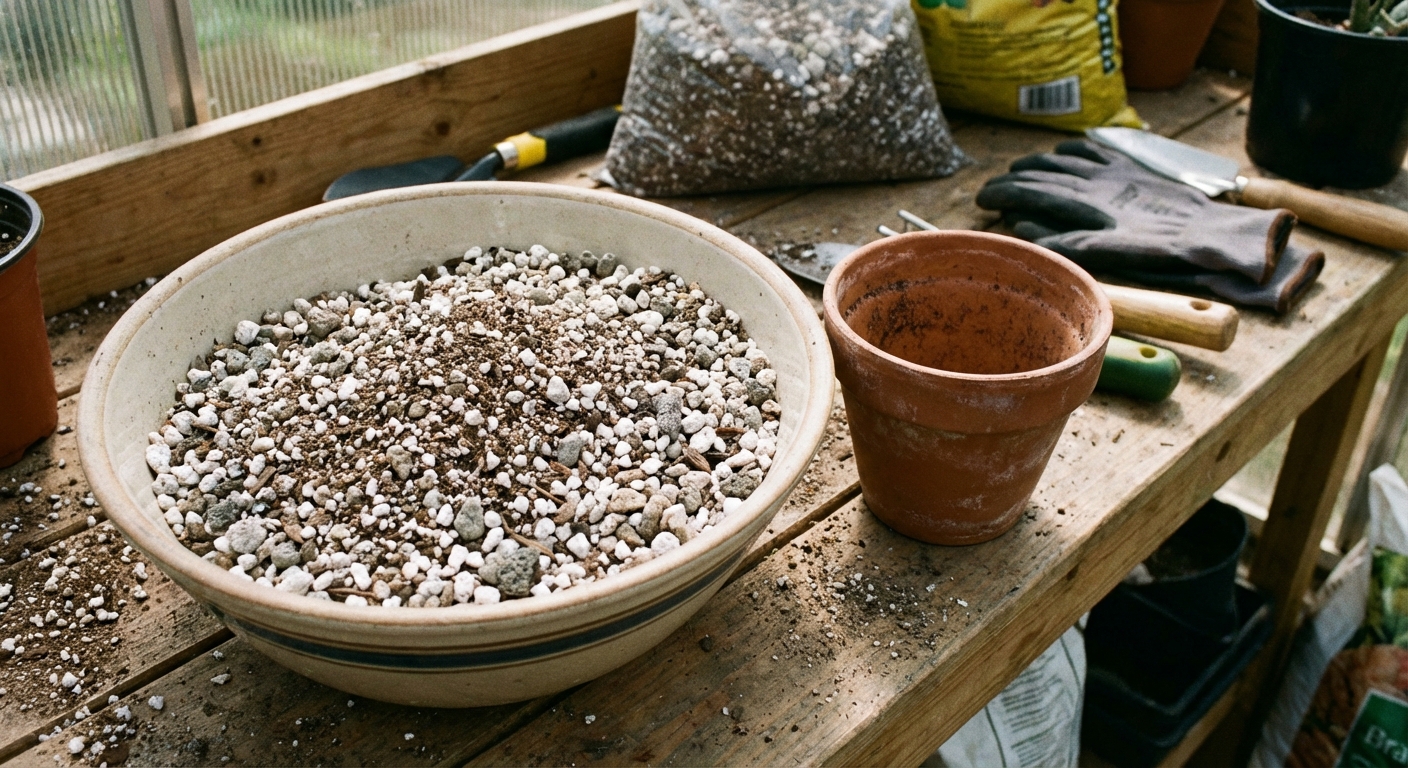 A bowl of gritty succulent soil with perlite and pumice beside a small empty terracotta pot on a potting bench, realistic photography