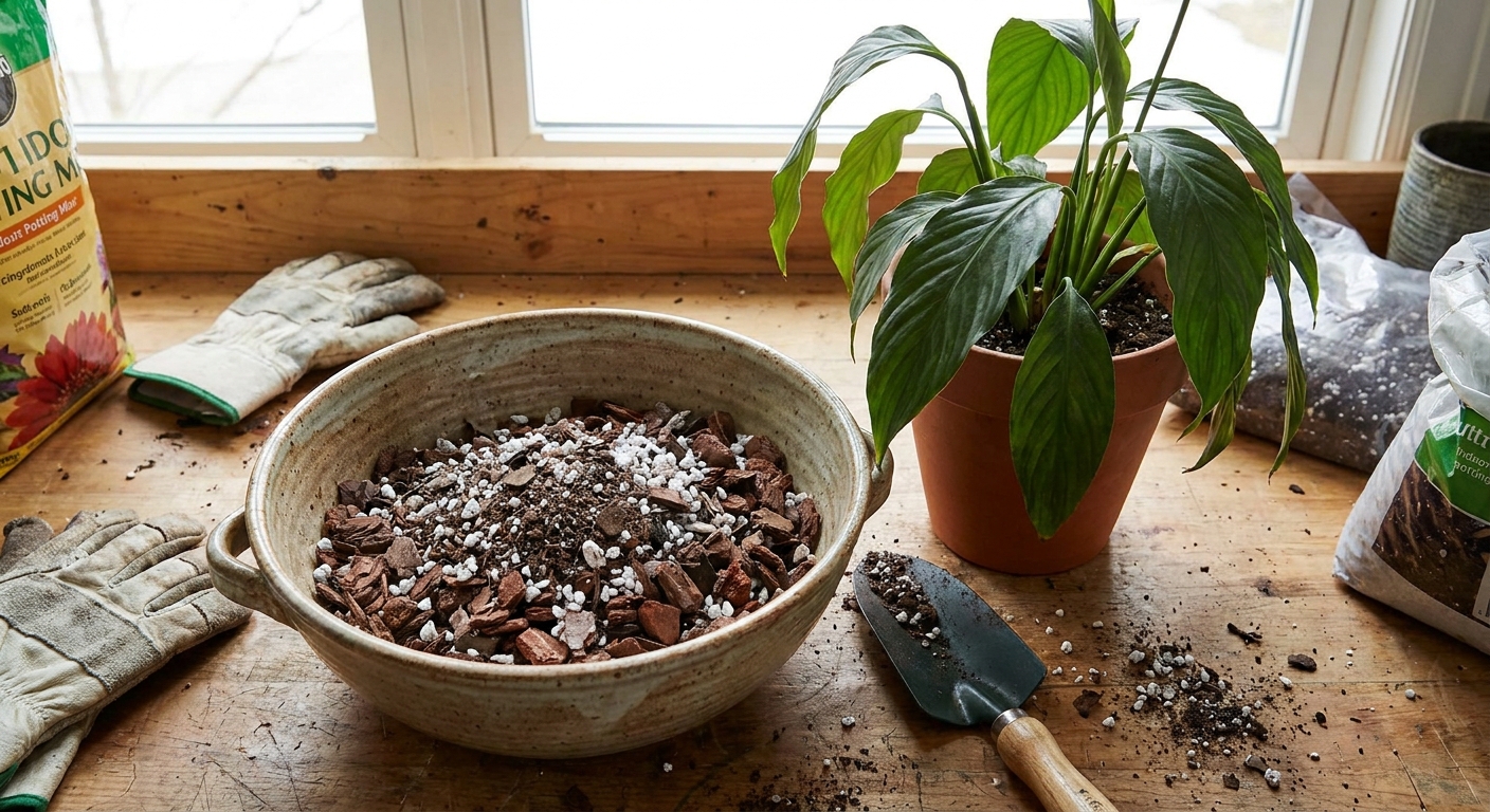 A bowl of indoor potting mix blended with perlite and orchid bark on a work surface, with a peace lily pot nearby