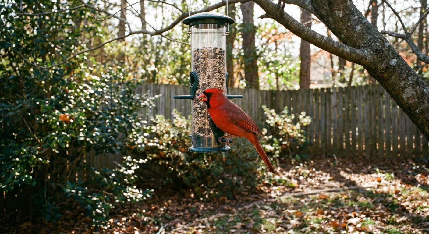 A bright red male cardinal perched on a tube bird feeder, eating safflower seeds in a quiet backyard setting, real photograph