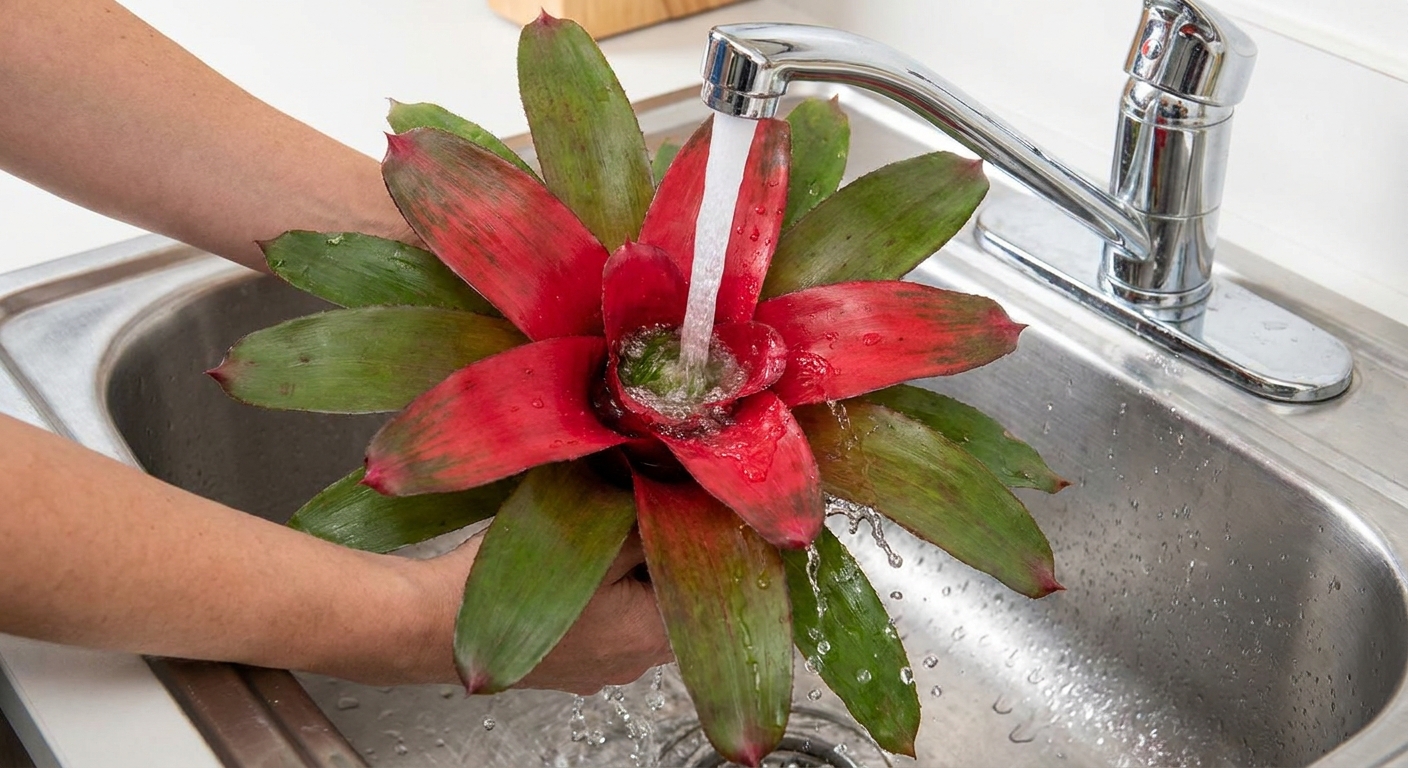 A bromeliad being gently rinsed in a kitchen sink with water flowing through the central tank to flush it clean
