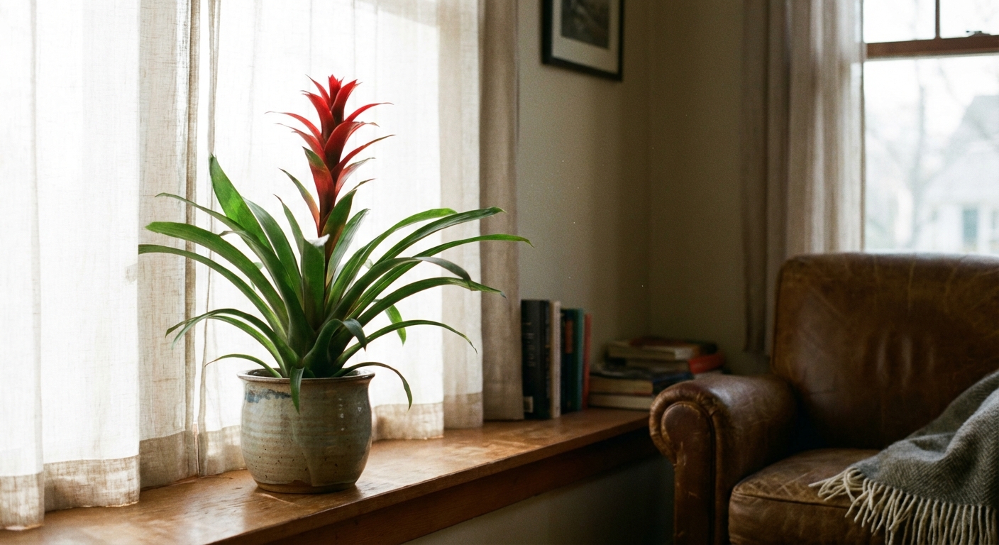A bromeliad in a simple ceramic pot placed near a bright window with a sheer curtain, soft indirect light, cozy indoor scene