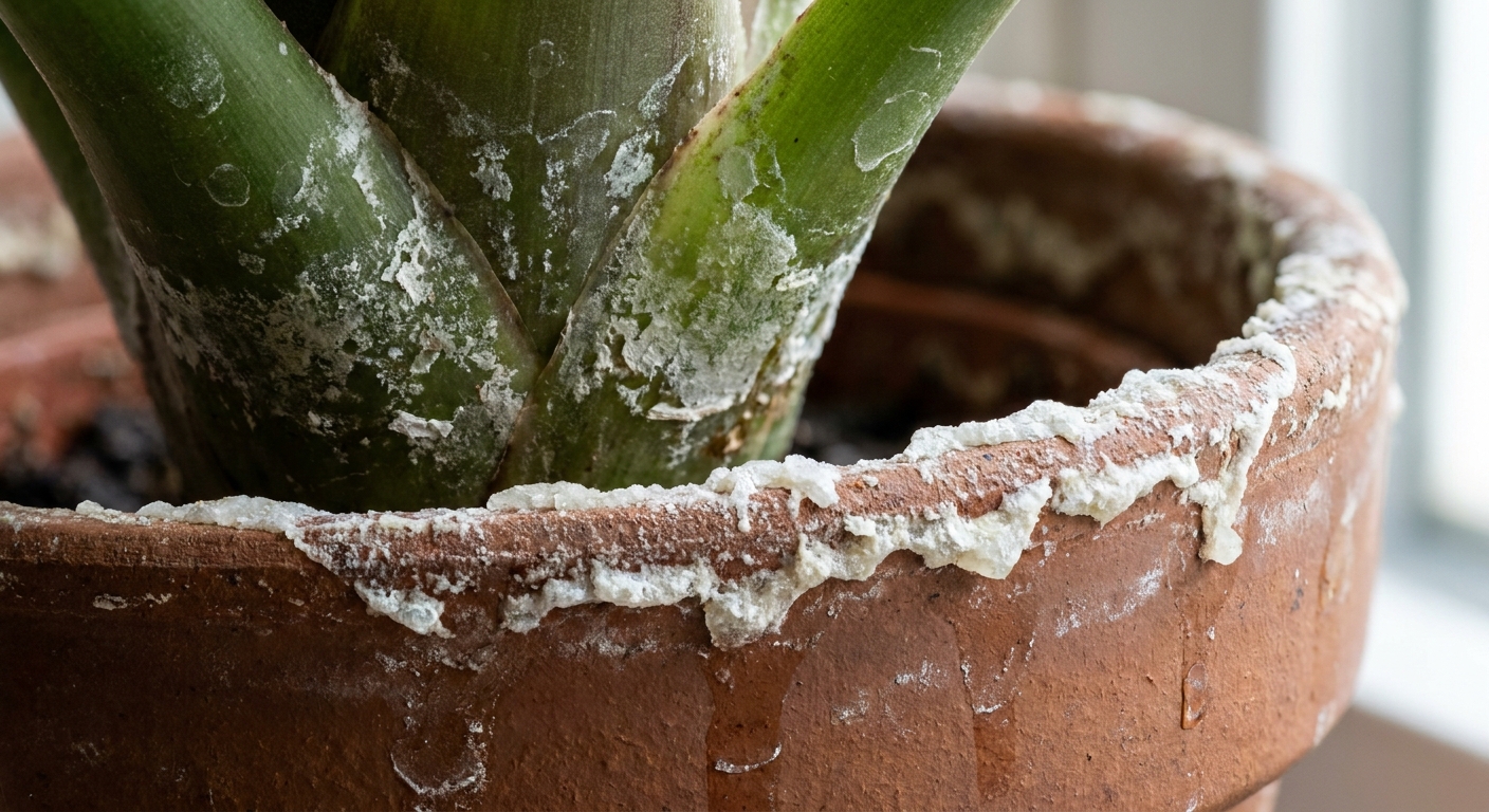 A bromeliad leaf base and pot rim showing visible white mineral crust from hard water buildup