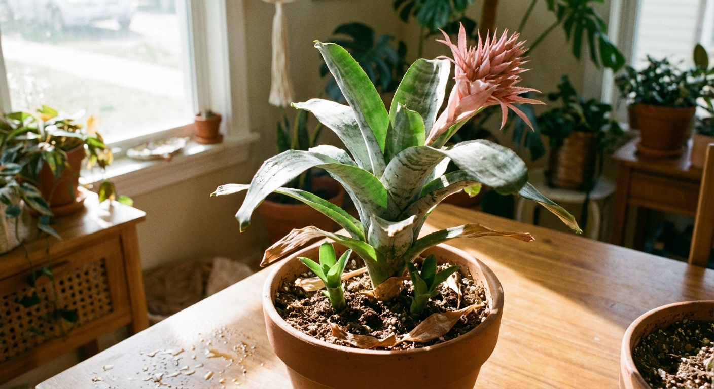 A bromeliad mother plant in a pot with two small pups emerging at the base, photographed in natural indoor light with soil and leaves visible