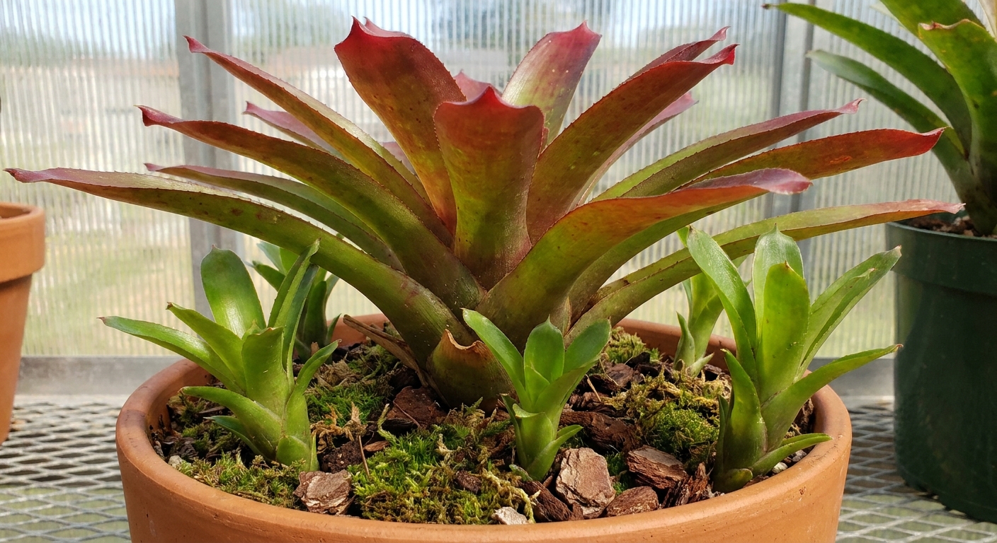 A bromeliad mother plant with small green pups growing at the base near the soil surface