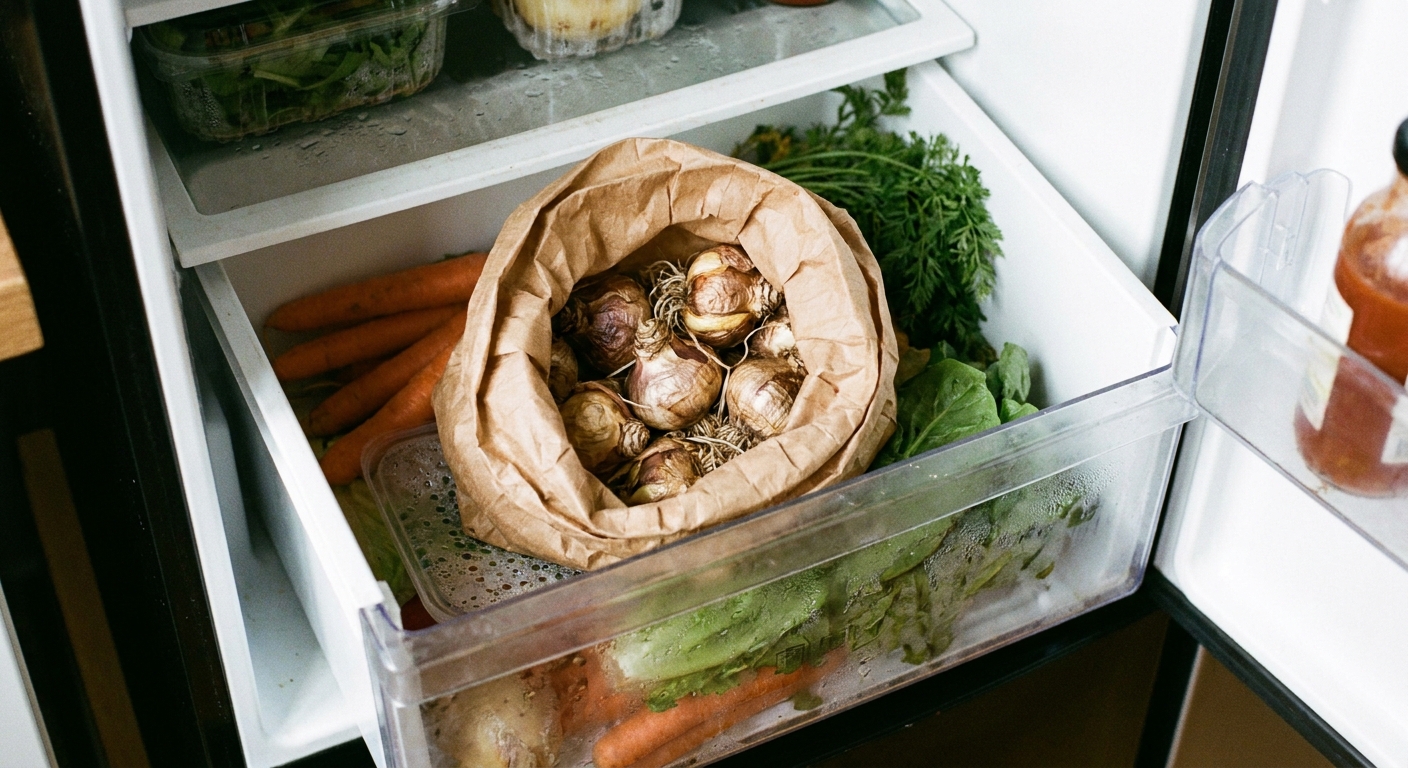 A brown paper bag of hyacinth bulbs sitting in a refrigerator crisper drawer, photographed like a real kitchen scene