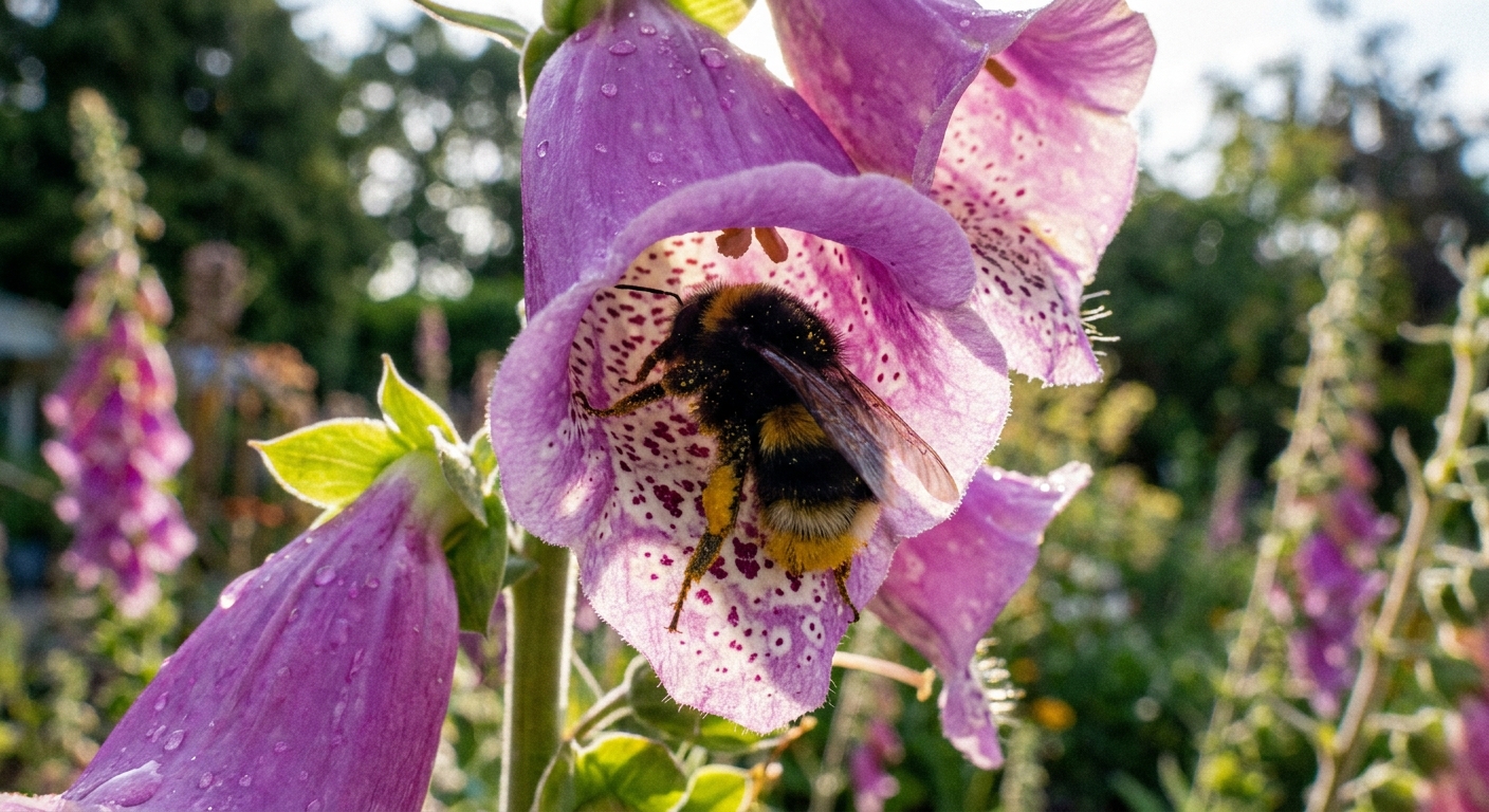 A bumblebee crawling inside a foxglove bell-shaped flower with pollen on its legs, close-up garden photograph