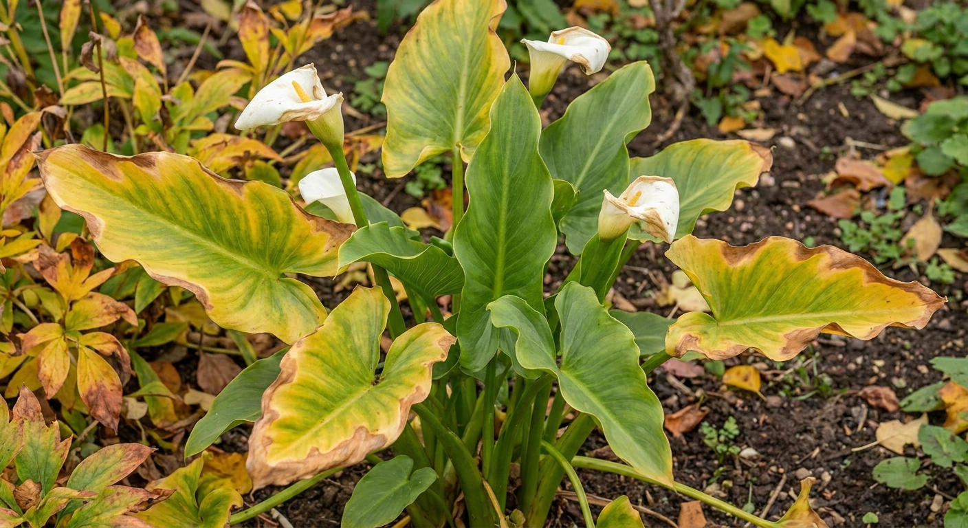 A calla lily plant with several leaves turning yellow at the edges in a garden bed, showing the start of dormancy