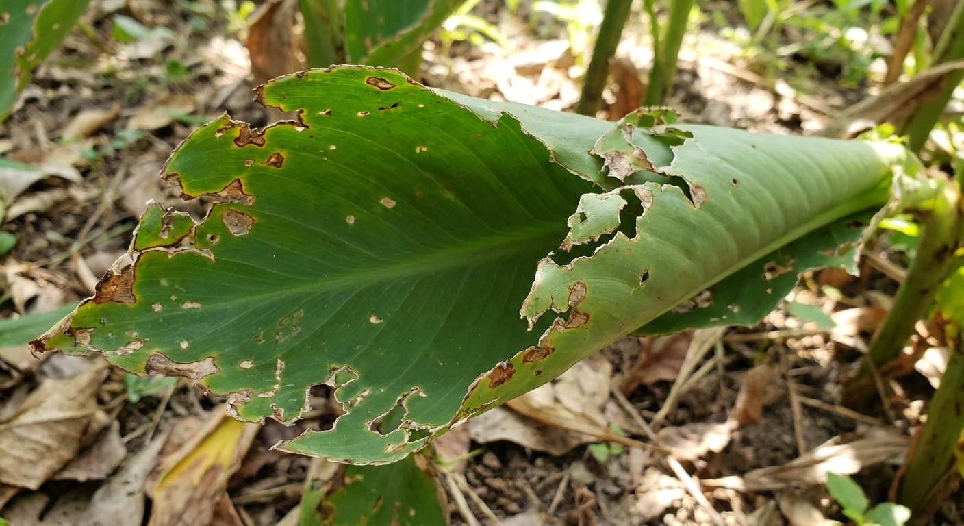A canna leaf rolled into a tube with chewing damage along the edges and ragged leaf margins