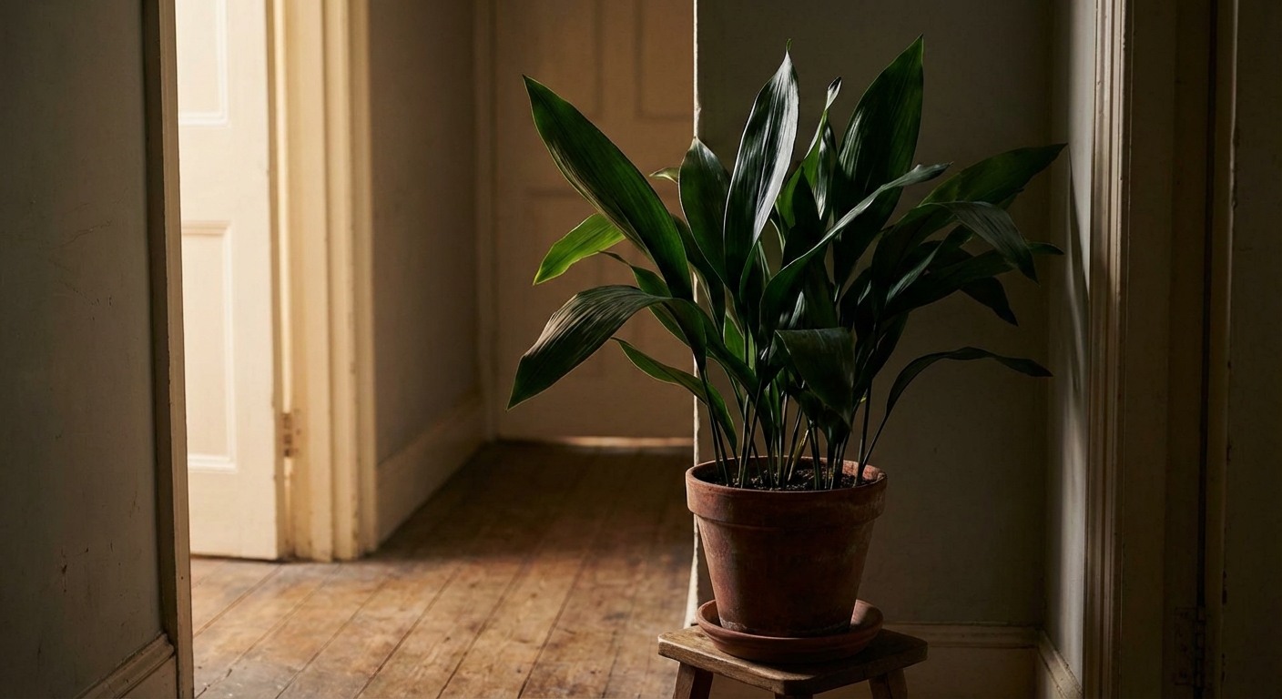 A cast iron plant sitting in a dim hallway corner with indirect ambient light from a nearby doorway, leaves glossy and upright, photorealistic indoor plant photography