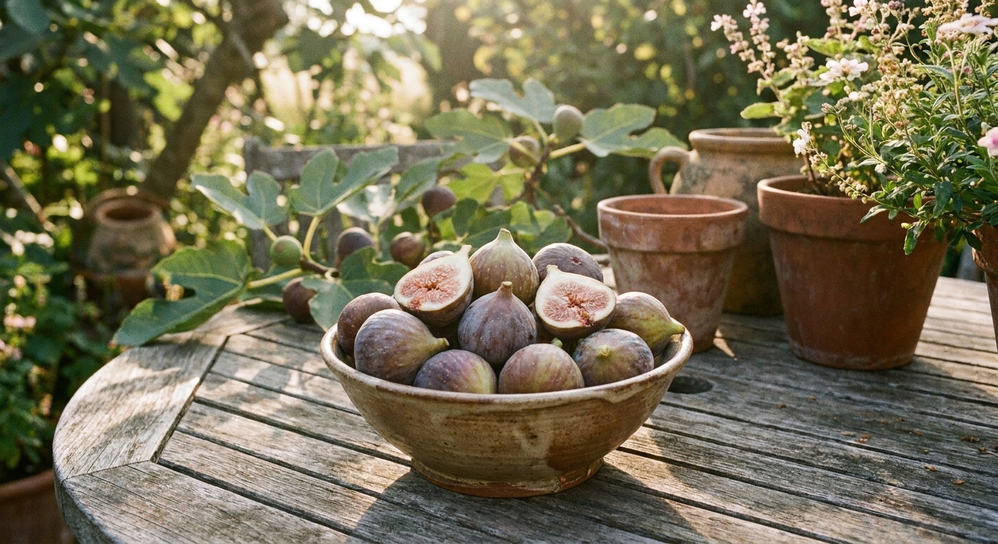 A ceramic bowl filled with freshly picked figs on a wooden garden table in soft afternoon light