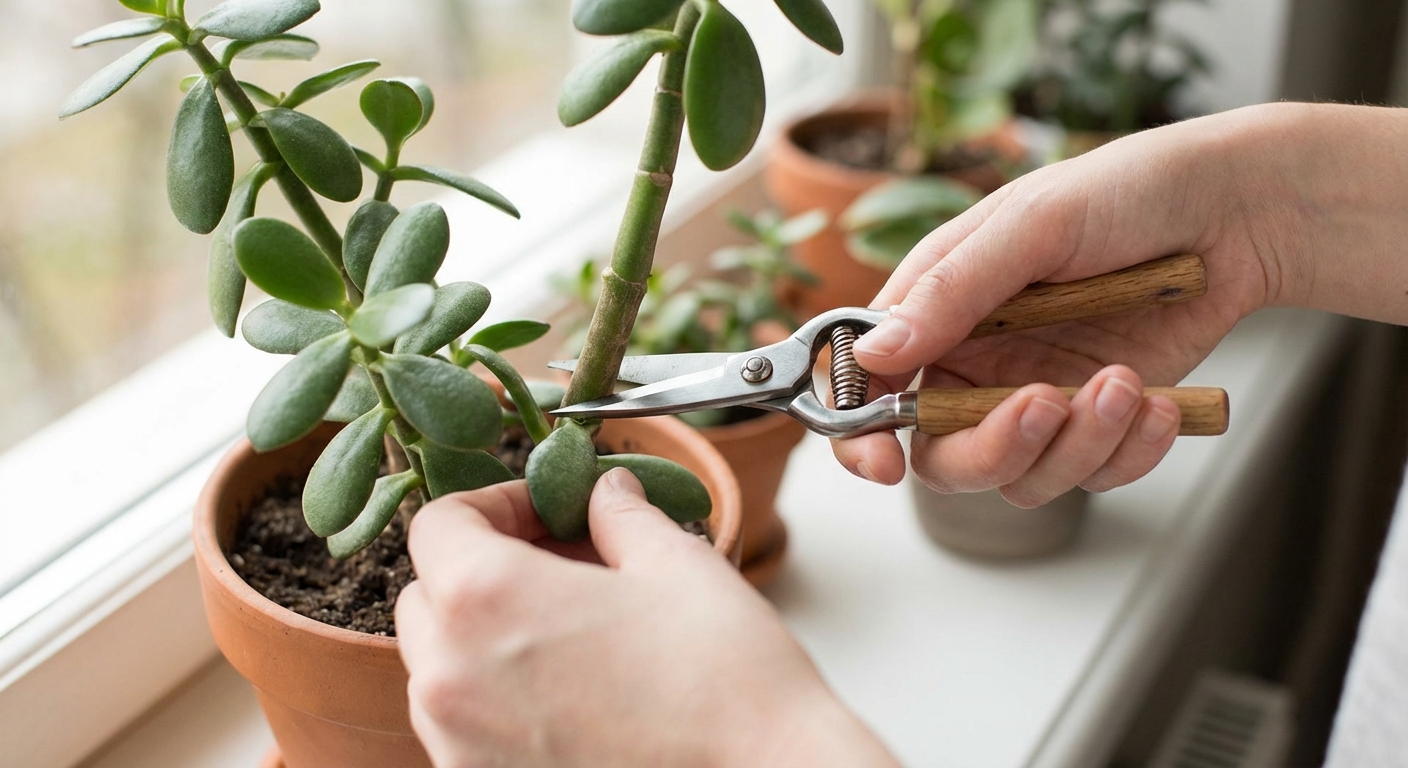 A clean pair of pruning snips cutting a jade plant stem above a leaf node, close-up on the plant and hands, indoor natural light, photorealistic