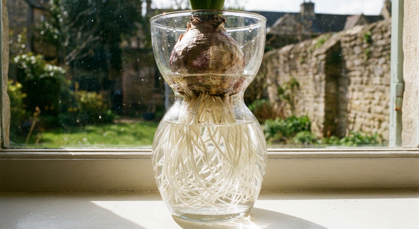 A clear glass hyacinth bulb vase showing a bulb held above the water with a mass of white roots growing into the water