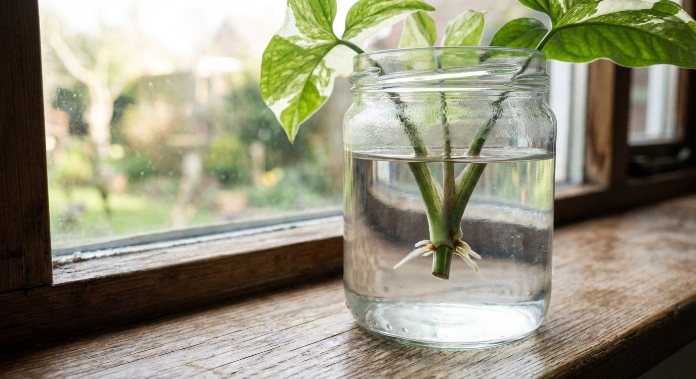 A clear glass jar on a windowsill holding a Syngonium stem cutting with a visible node submerged in water and small white roots forming, soft natural light, photorealistic