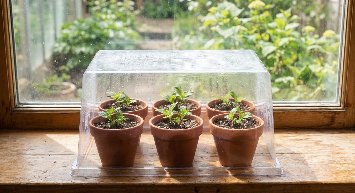 A clear plastic humidity dome covering small pots with fresh green hydrangea cuttings on a bright windowsill out of direct sun, photorealistic